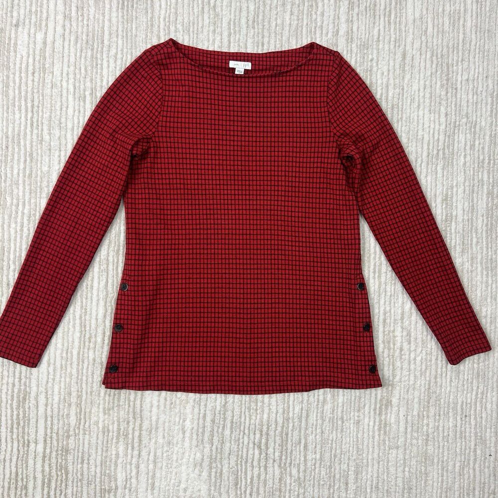J. Jill Ponte Windowpane Pullover Knit‎ Top Size XS Red Plaid Ponte Button Side
